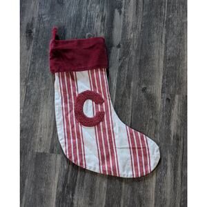 North Pole Red White Stripe "C" Monogram Striped Knit Christmas Stocking Holiday